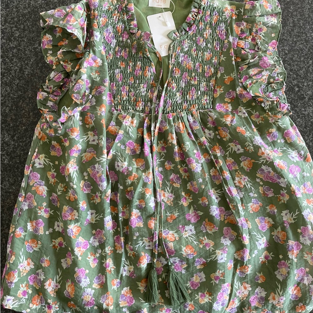 Fate Green Floral Top with Flutter Sleeves